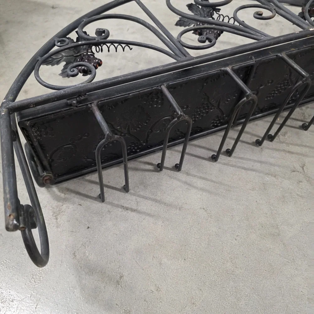 Wrought Iron Wall Mounted Wine Rack Stemware Glass Holder Grape Leaf Rustic Deco